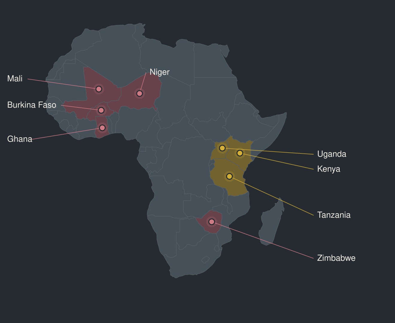 Africa map with labelled spots for Kenya, Tanzania, Uganda, Ghana, Burkina Faso, Zimbabwe, Mali and Niger